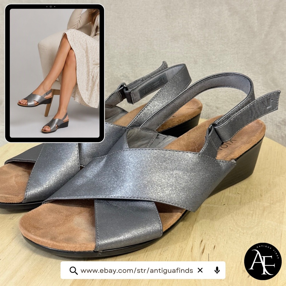 Vionic McKenna Metallic Pewter Wedge Sandals Womens 10 Slingback TVW5545